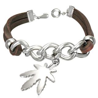 Kožený náramek 18,5cm s přívěskem marihuany